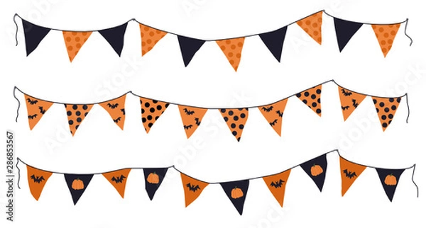 Fototapeta Cartoon halloween pennant banner and flags set. Different shapes orange pennant banner string isolated on white background. Colourful garland for the Halloween. Vector illustration.