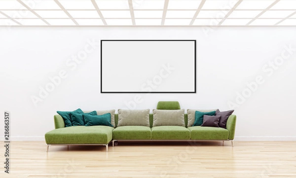 Fototapeta large luxury modern bright interiors with mock up poster frame illustration 3D rendering