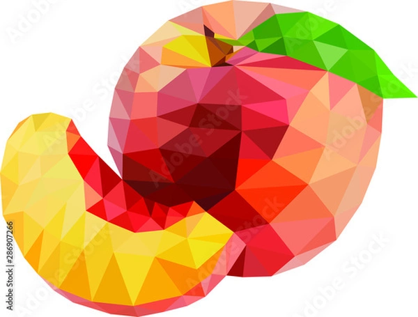 Obraz low poly peach with slice, polygon peach on white background