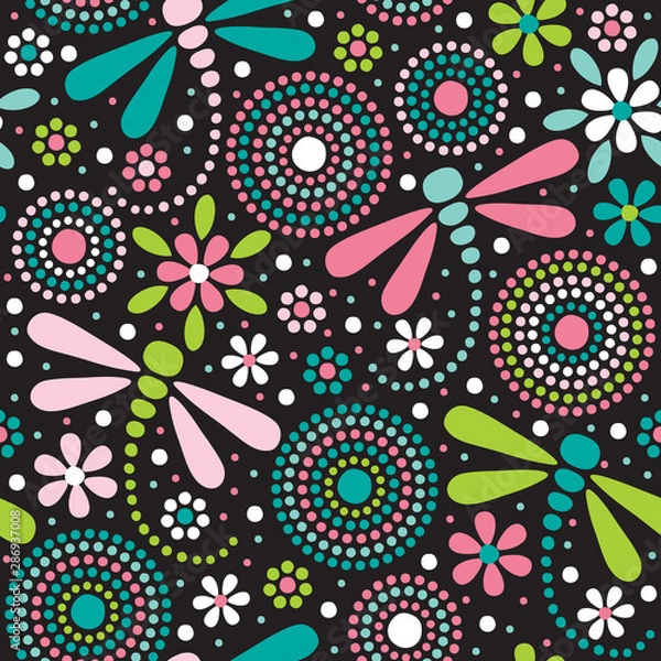 Obraz seamless dragonfly and flowers pattern vector illustration