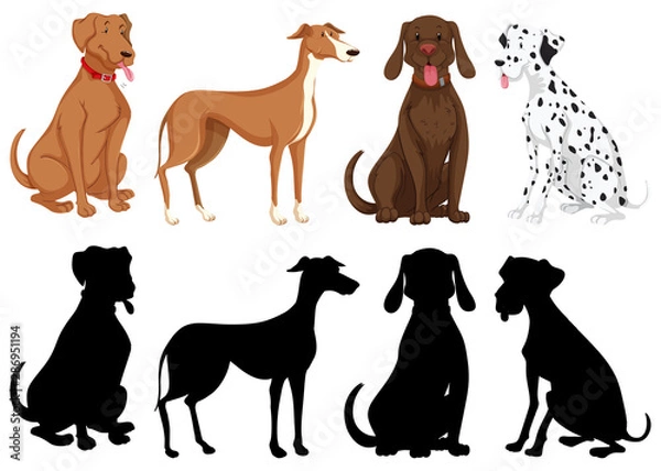 Fototapeta Silhouette, color and outline version of dogs isolated