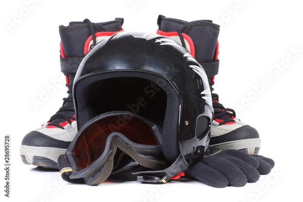 Fototapeta Boots for snowboarding and a protective helmet