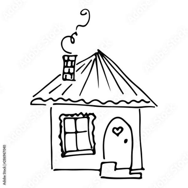 Fototapeta Doodle illustration with house sketch hand on white background. House sketch in hand-drawn style on white background. Home vector icon. Simple vector illustration. Cute cartoon