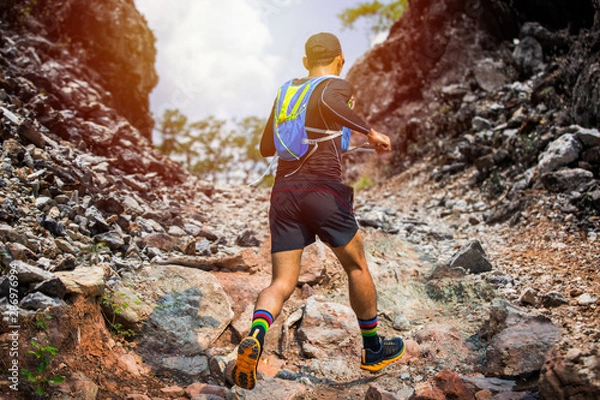 Fototapeta A man Runner of Trail and athlete's feet wearing sports shoes for trail running in the forest