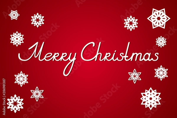 Obraz Greeting card with snowflakes and MERRY CHRISTMAS inscription. Red background. Vector illustration.