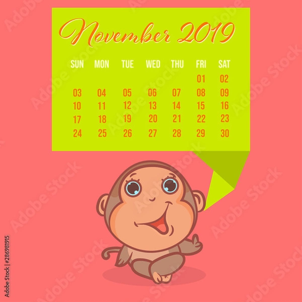 Fototapeta Cute monkey cartoon with November 2019 calendar scene vector concept wallpaper backgrounds