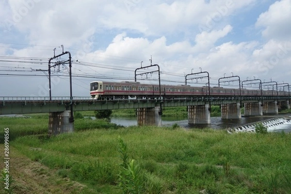 Obraz 多摩川の鉄橋を走る京王線