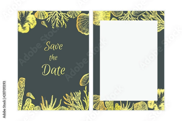 Fototapeta Sea elements invitation simple vector design, gold colored doodle leaves.