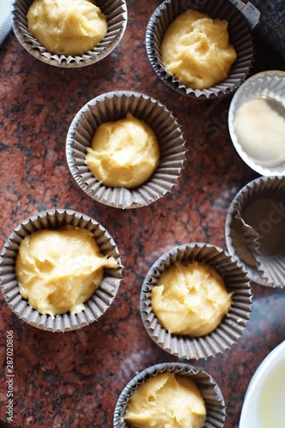 Obraz Home made cup cake making step from top view.