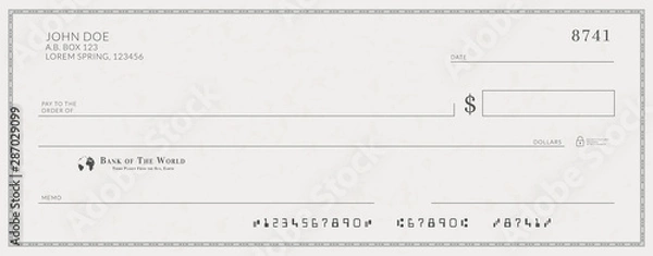 Obraz Blank bank check template. Fake cheque page mockup.