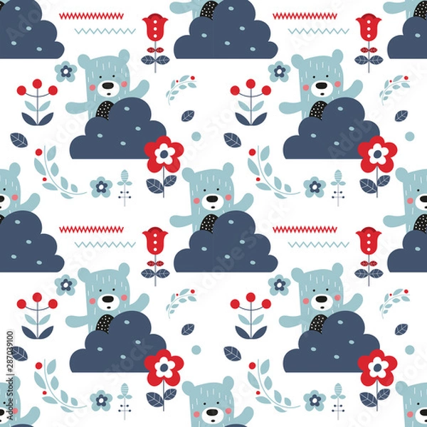 Fototapeta Seamless flower pattern with bears and forest elements in Scandinavian style. Vector Illustration. Kids illustration for nursery design. Great for baby clothes, greeting card, wrapper.