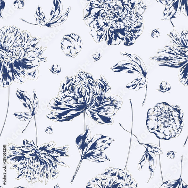 Fototapeta Seamless vector floral pattern with outline hand drawn peony flowers in blue colors on white background. Endless print in modern style