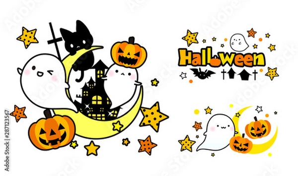Fototapeta ハロウィン・かわいいおばけとくろねこと月とお城とかぼちゃおばけジャックオーランタン・ハロウィンロゴ