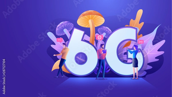 Fototapeta Flat design 6G wireless high speed network, developer team establish 6g for faster and better wireless connectivity