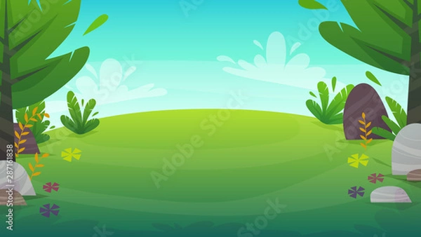 Obraz green grass meadow at park or forest trees and bushes flowers scenery background , nature lawn ecology peace vector illustration of forest nature happy funny cartoon style landscape