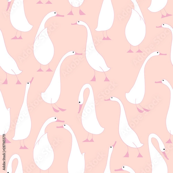 Obraz White goose seamless pattern on pink background. 