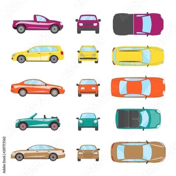 Fototapeta Different transportation car. Sedan car, hatchback, universal car, suv, cabriolet, mini car set. Vehicle collection in top, front, side view. Auto concept cartoon design. Vector illustration