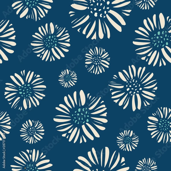 Fototapeta Daisy print floral seamless pattern with a sophisticated style and dusky blue color palette. Perfect for spring or summer; great for textiles, paper, stationery and home decor. Vector.