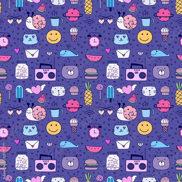 Fototapeta Doodle Cartoon Seamless Pattern Background For Kid. Vector illustration for fabric and gift wrap paper design.