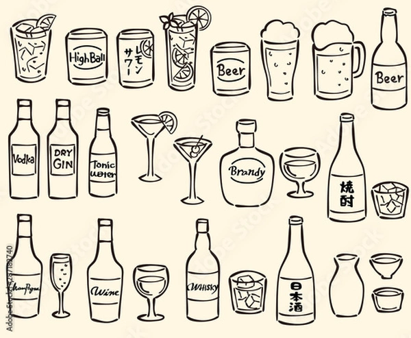 Fototapeta アルコール　ドリンク　線画セット