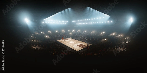 Obraz Professional floodlit basketball arena with spectators and fans cheering. High angle view
