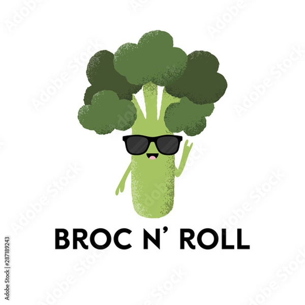 Fototapeta Vector illustration of a broccoli character wearing sunglasses with the funny pun 'Broc n Roll'. Fun T-Shirt design concept.