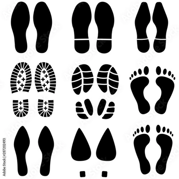 Obraz Set footprints men, women, sneakers, shoes, boots icon, logo isolated on white background