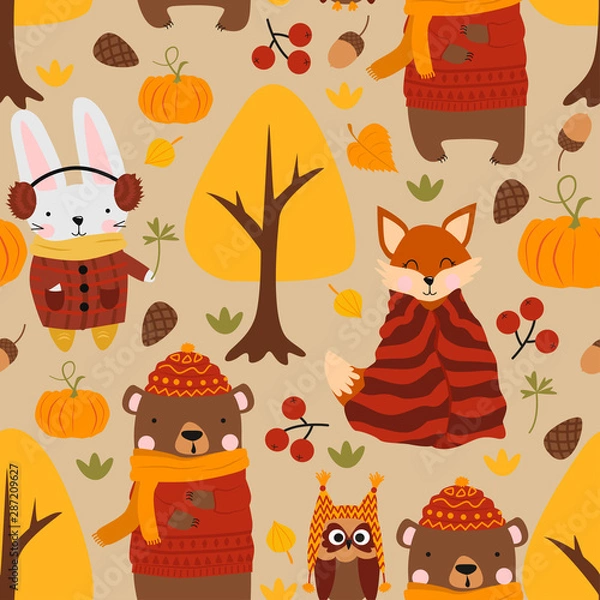 Obraz seamless pattern with bear hare fox owl in the autumn forest - vector illustration, eps