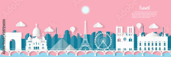 Fototapeta Travel French architecture of Paris landmark in France cityscape and the river with panoramic views , origami style paper for travel postcards, Vector illustration.