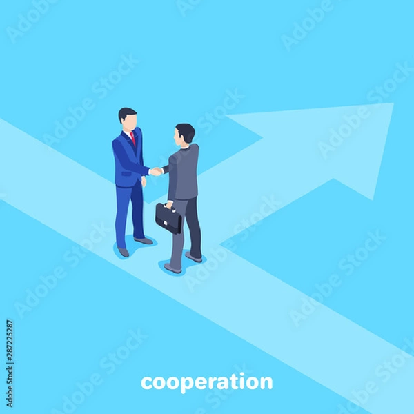 Fototapeta isometric vector image on a blue background, men in business suits shake hands, a business agreement and a contract