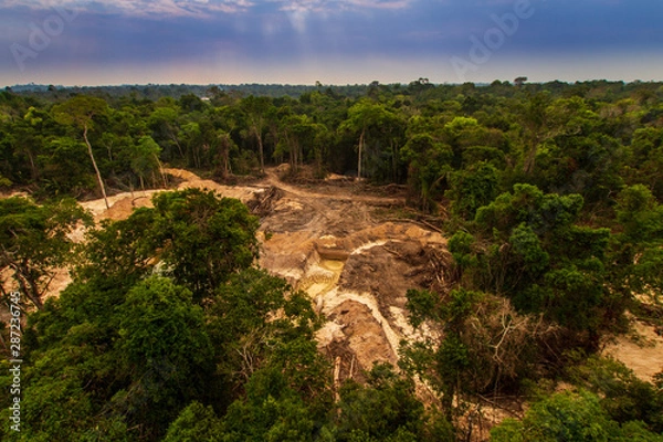 Obraz Illegal mining causes deforestation and river pollution in the Amazon rainforest near Menkragnoti Indigenous Land. - Pará, Brazil