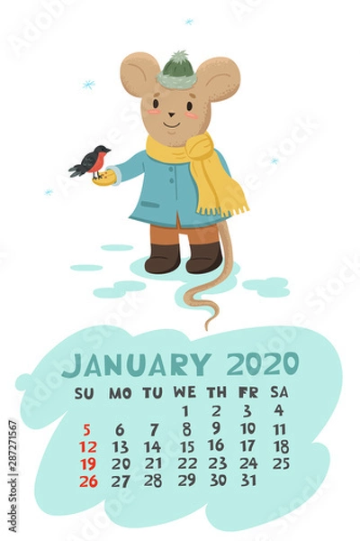 Fototapeta Calendar for January 2020 with a mouse that feeds the bird crumbs. Vector graphics.