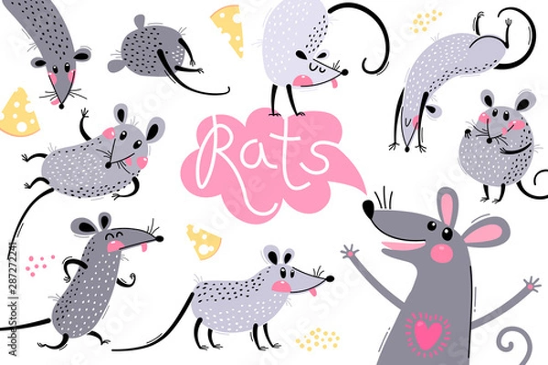 Fototapeta Set of funny rats for design. Cute little mice in different poses. Merry mouse romp. Vector illustration