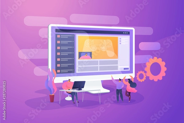 Fototapeta Gamer at computer streaming and commentating game process, tiny people. Video game walkthrough, popular video content, gaming video stream concept. Vector isolated concept creative illustration.