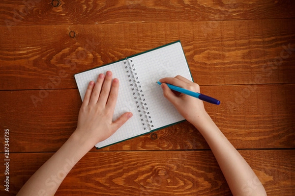 Fototapeta Character Child Writing in Blank Notebook Flat Lay