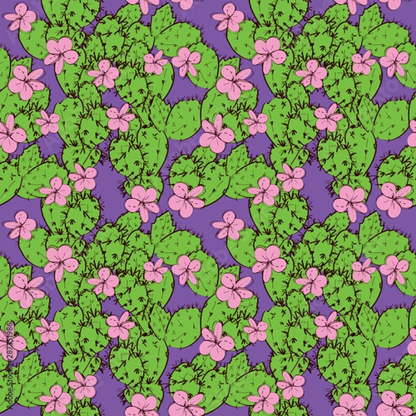 Fototapeta Seamless pattern cactus with flowers sketch green lilac pink, black contour on purple background. simple ornament, Can be used for Gift wrap, fabrics, wallpapers. Vector