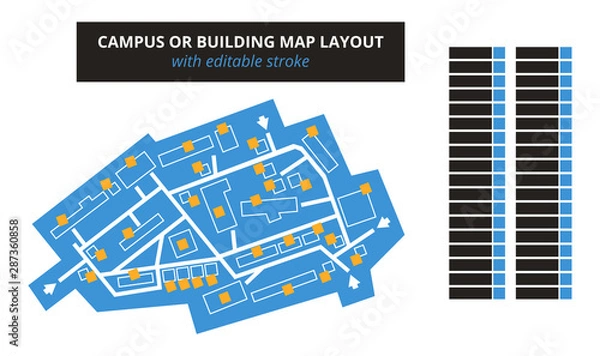 Obraz Vector editable floor plan with fields for logos or titles – blue campus or building map with editable stroke isolated on white. Suitable as a map of shopping mall, production hall, festival, shop.