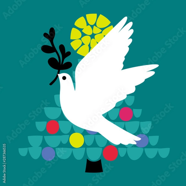 Fototapeta Christmas greeting card with flying dove holding olive branch on background of mosaic abstract fir tree