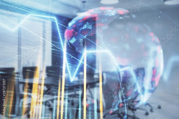 Fototapeta Double exposure of stock market graph with globe hologram on conference room background. Concept of international finance