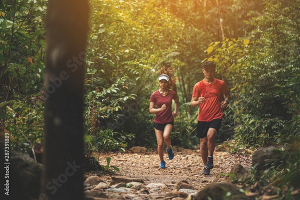 Fototapeta Runners. Young people  trail running on a mountain path. Adventure trail running on a mountain. Runners receive injuries from running trails on a mountain