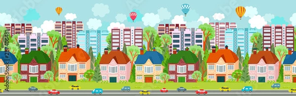 Fototapeta colorful seamless border with cozy city for your design