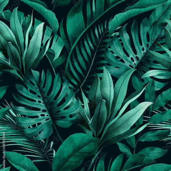 Fototapeta Tropikalny wzór z egzotycznych liści monstera, bananów i palm na ciemnym tle.