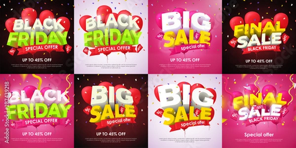 Fototapeta Black friday and Big Sale and Discounts 2019. Set of vector banners. Beautiful discount and promotion banner. 3d inscription and red balloons on a dark background. Fashionable Vector image