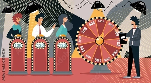 Fototapeta Quiz Show Vector Illustration. Man Game Show Host, Cartoon People Contestant. Television Night Gameshow Entertainment. Woman Participant Answer Question, Win Money Prize. TV Competition