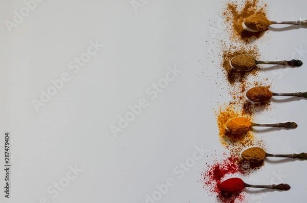 Fototapeta Various spices in spoons isolated on white background.