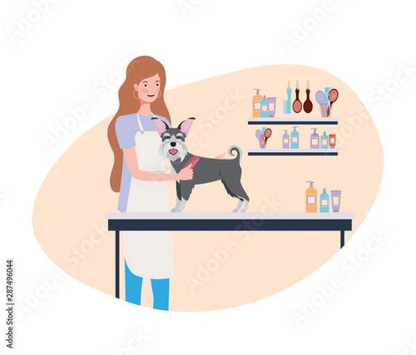 Fototapeta young woman with dog in pet groomer