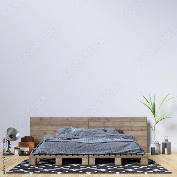 Fototapeta Interior Bedroom Wall Background Mockup - 3d rendering, 3d illustration