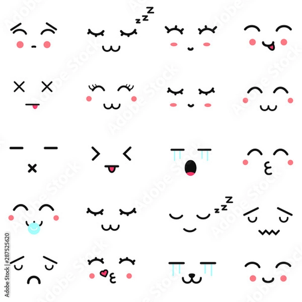 Fototapeta Kawaii cute faces. Manga style eyes and mouths. Funny cartoon japanese emoticon in in different expressions. Expression anime character and emoticon face illustration. Background, Wallpaper.