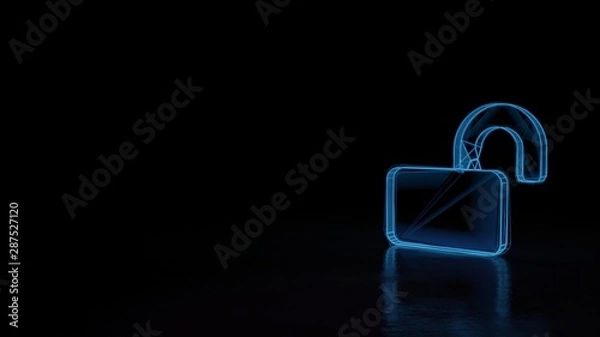 Fototapeta 3d glowing wireframe symbol of symbol of lock open isolated on black background