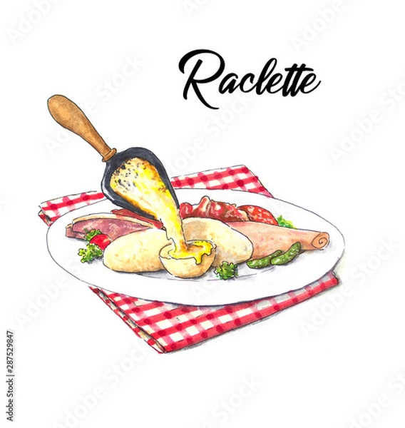 Obraz Raclette hand drawn sketch with potatoes and ham